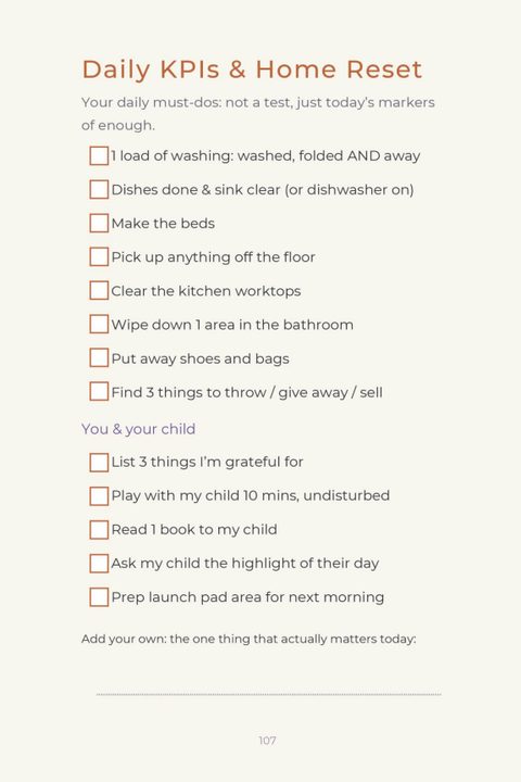 Daily KPIs and Home Reset printable checklist